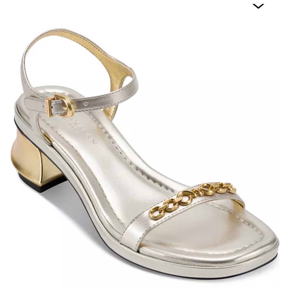 Donna Karan New York Trisha White Leather Gold Chain Sculptural Heel Sandals 10M